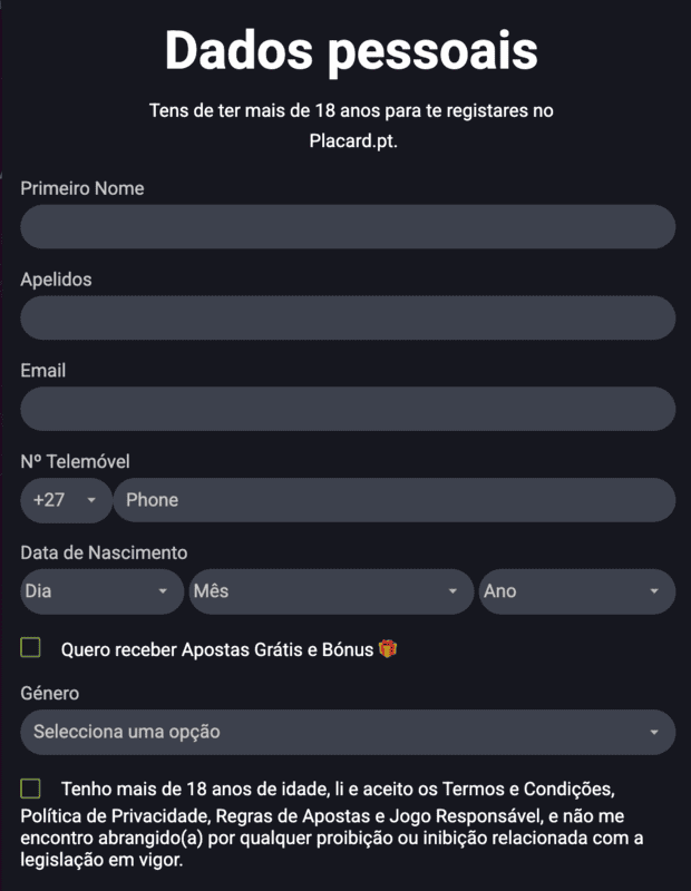 Formulário de registo num site legal de casino e apostas